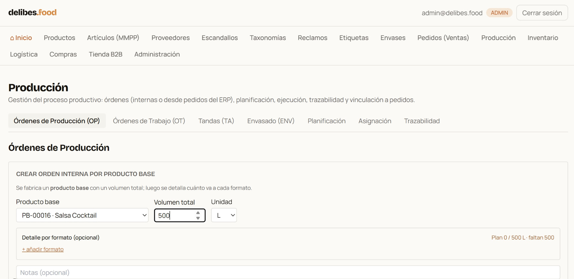 Órdenes de producción en la plataforma